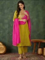 Women’s Rayon Embroidered Straight Kurta with Pant & Dupatta Set - Image 2
