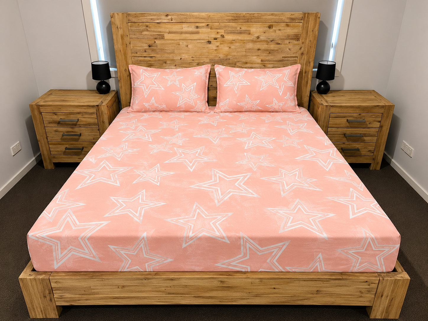 1e14fb6a-09a4-4489-b3e8-da632442f031 Peach Star Print Fitted Bedsheet - Image 1