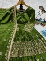 💚 Emerald Green Heavy Chinon Silk Embroidered Lehenga Set with Mirror Work - Image 5