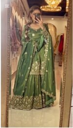 💚 Emerald Green Heavy Chinon Silk Embroidered Lehenga Set with Mirror Work - Image 2