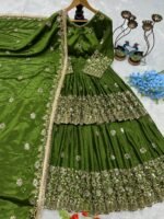 💚 Emerald Green Heavy Chinon Silk Embroidered Lehenga Set with Mirror Work - Image 4