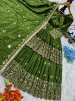 💚 Emerald Green Heavy Chinon Silk Embroidered Lehenga Set with Mirror Work - Image 3