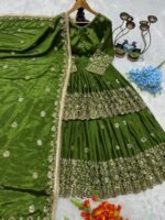 💚 Emerald Green Heavy Chinon Silk Embroidered Lehenga Set with Mirror Work - Image 6