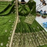 💚 Emerald Green Heavy Chinon Silk Embroidered Lehenga Set with Mirror Work