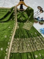 💚 Emerald Green Heavy Chinon Silk Embroidered Lehenga Set with Mirror Work