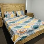 Abstract Ethnic Print Cotton Flat Bedsheet with Pillowcases – Teal, Mustard & Orange