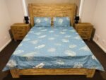 Tropical Leaf Print Cotton Flat Bedsheet with Pillowcases – Blue & Cream - Image 2