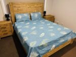 Tropical Leaf Print Cotton Flat Bedsheet with Pillowcases – Blue & Cream