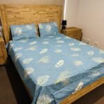 Tropical Leaf Print Cotton Flat Bedsheet with Pillowcases – Blue & Cream