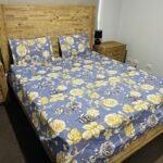 Rose Floral Print Cotton Flat Bedsheet with Pillowcases – Blue, Yellow & White