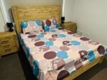 Abstract Circle Print Cotton Flat Bedsheet with Pillowcases – Blue, Brown & Beige