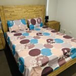Abstract Circle Print Cotton Flat Bedsheet with Pillowcases – Blue, Brown & Beige