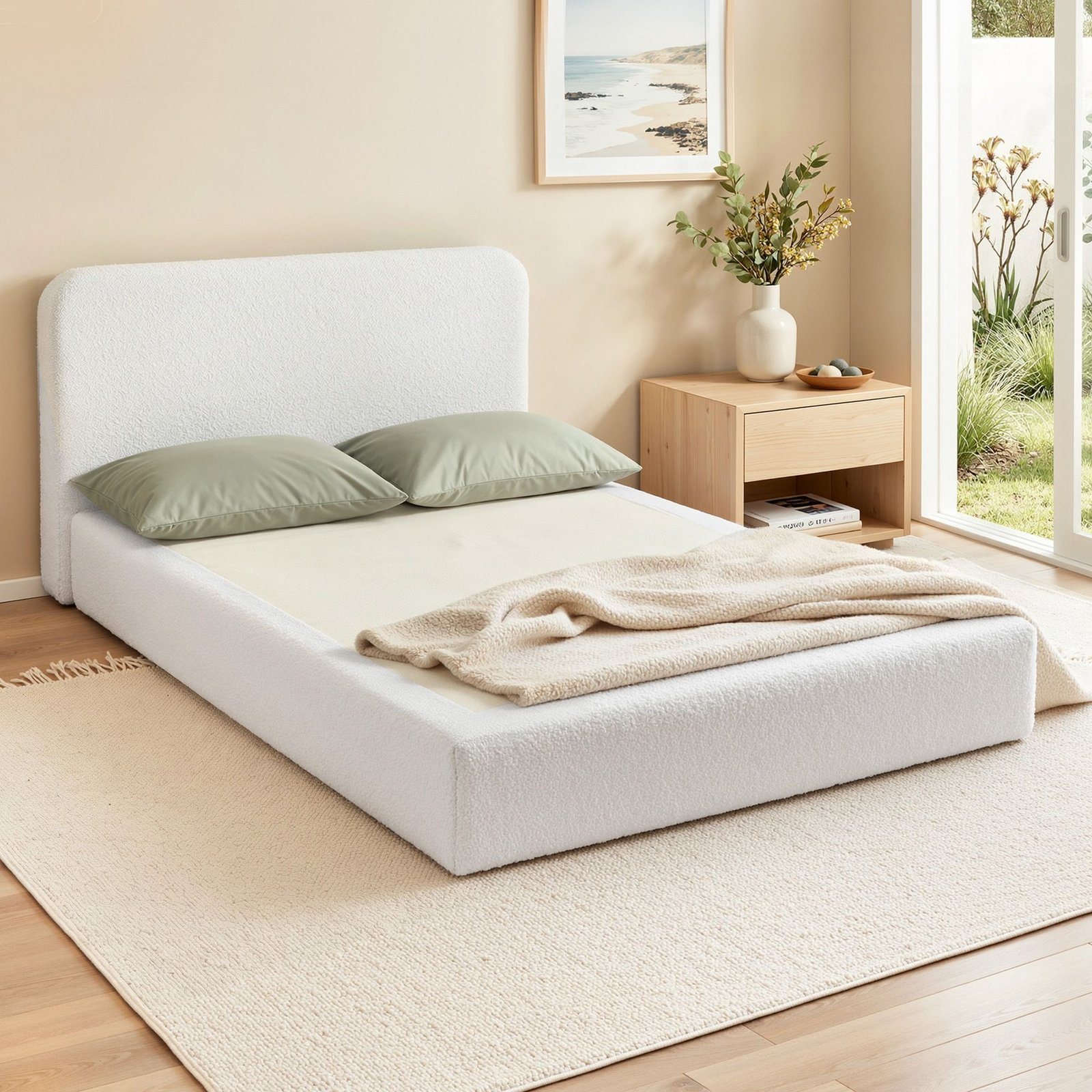 BED-FOAM-BASE-Q-WH-00 Artiss Compression Bed Frame Queen Size No Assembly Vacuum High Density Sponge Boucle Cream White - Image 1
