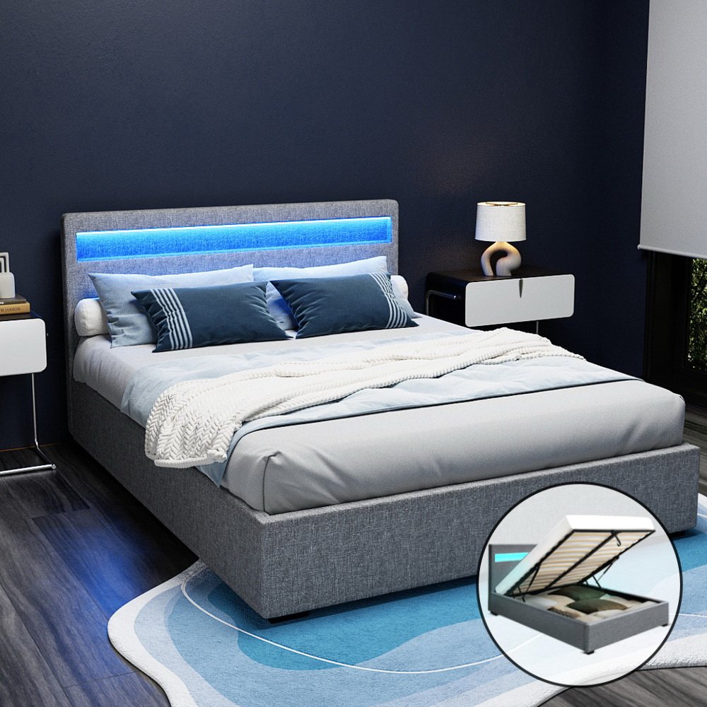 BFRAME-E-COLE-Q-GY-ABC-20351-07 Artiss Bed Frame Queen Size LED Gas Lift Grey COLE - Image 1