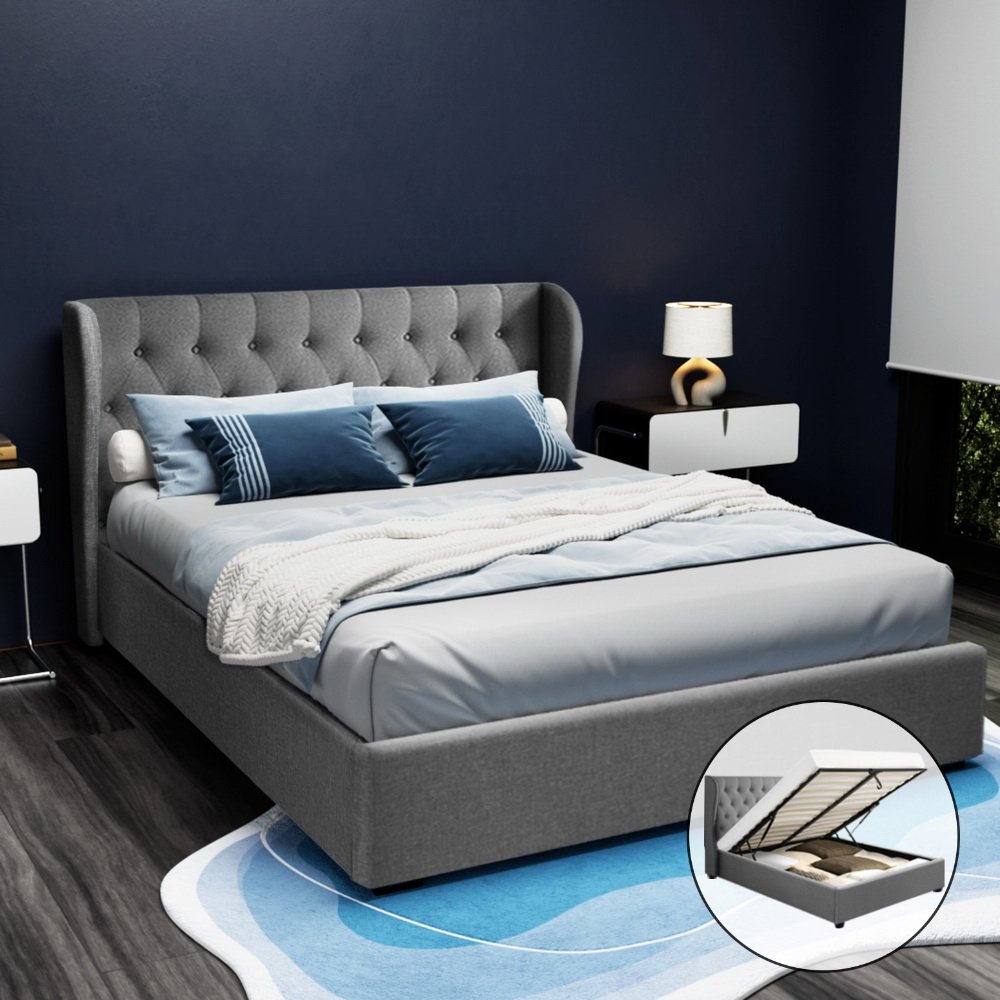 BFRAME-E-ISSA-Q-GY-AB-17932-07 Artiss Bed Frame Queen Size Gas Lift Grey ISSA - Image 1