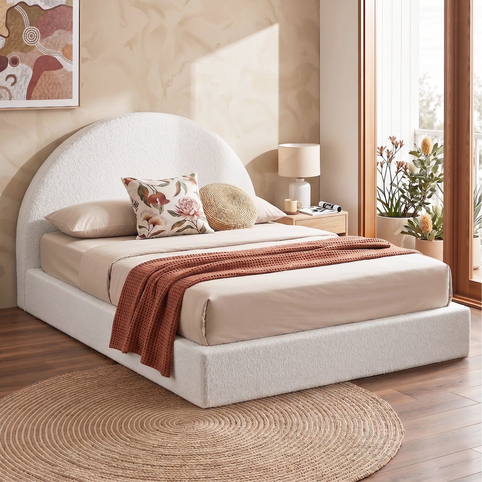 BFRAME-FOAM-NOVA-Q-WH-00 Artiss Queen Bed Frame Boucle Fabric Vacuum Compressed Beds Removable Washable Cover No-Assembly - Image 1