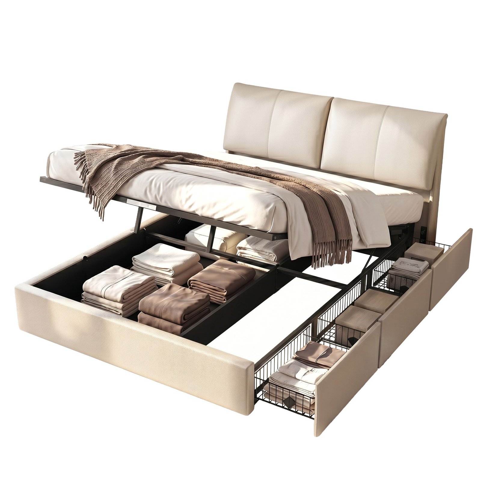 BFRAME-G-APEX-Q-BG-ABC-00 Artiss Queen Bed Frame Gas Lift Storage 3 Drawers Adjustable Headboard Platform Base - Image 1
