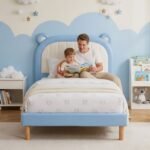 Artiss Kids King Single Bed Frame Upholstered Bear Headboard Waterproof Leather Boys Bed 180kg Capacity Blue and White - Image 8