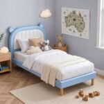 Artiss Kids King Single Bed Frame Upholstered Bear Headboard Waterproof Leather Boys Bed 180kg Capacity Blue and White - Image 9