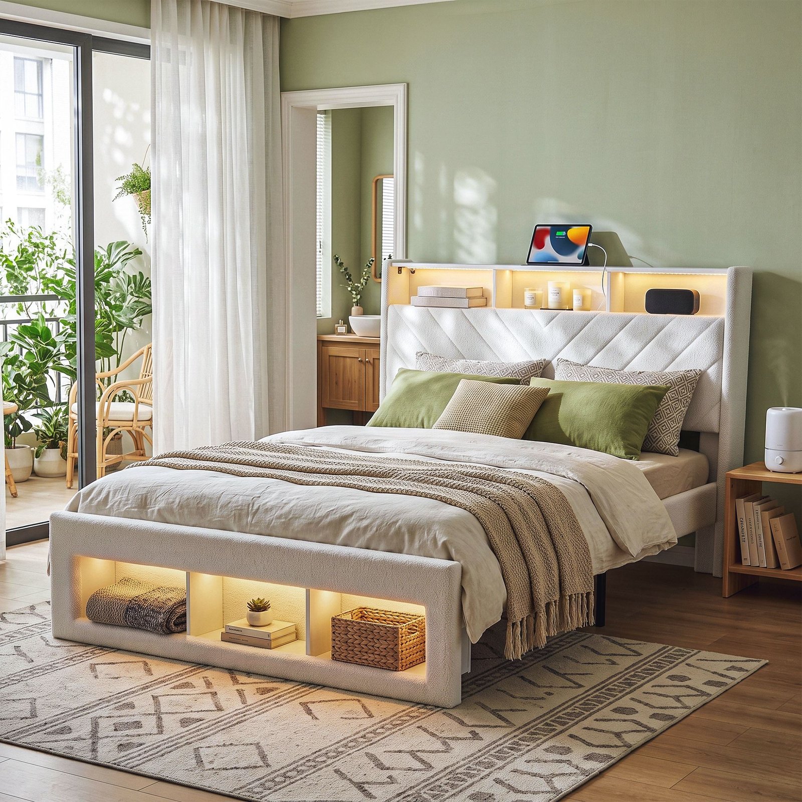 BFRAME-G-CORE-Q-BK-ABC-00 Artiss Queen Bed Frame with Storage Charging Station & LED White - Image 1