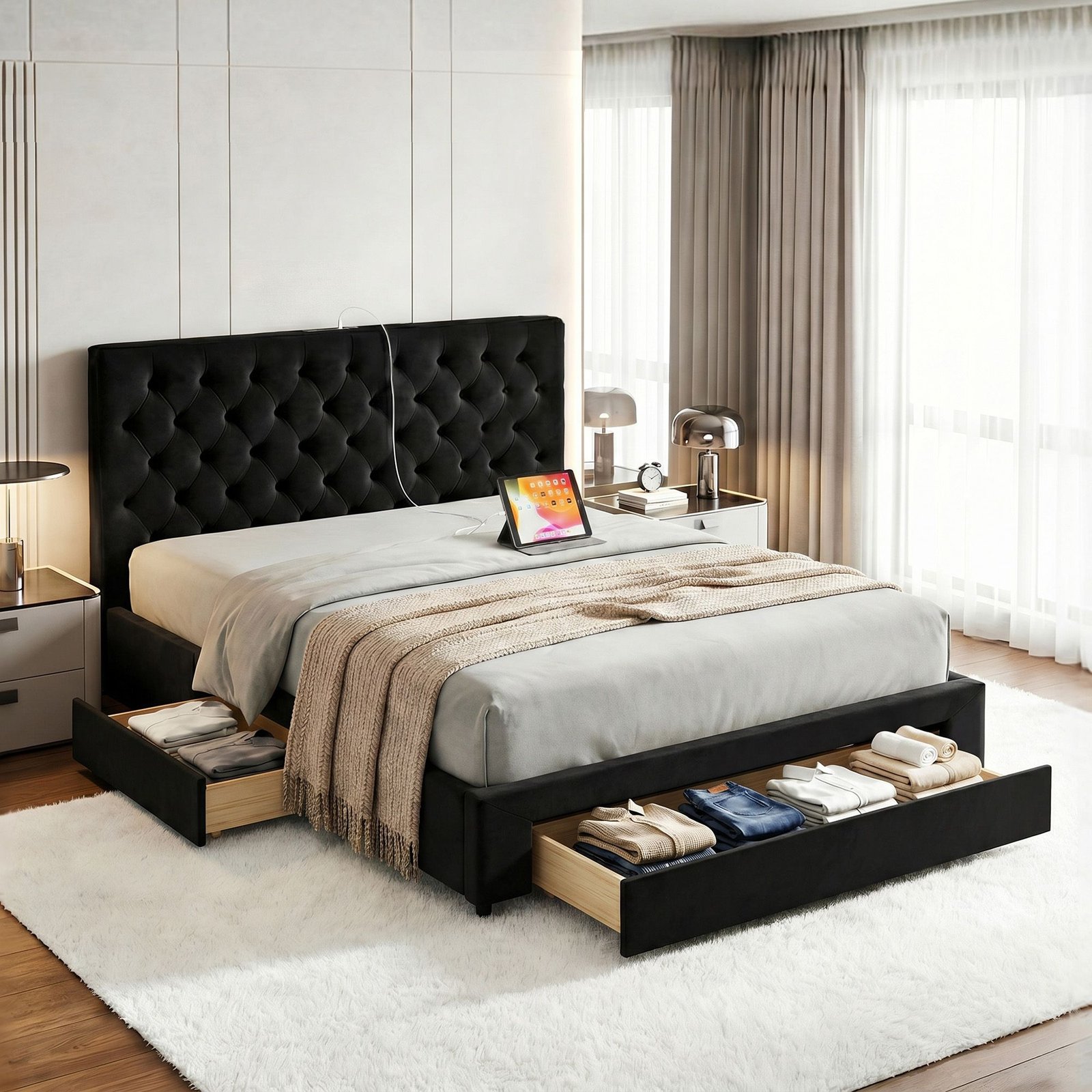 BFRAME-G-LUNA-K-BK-ABC-00 Artiss King Bed Frame Storage Charging Station Upholstered 3 Drawers USB Type-C - Image 1