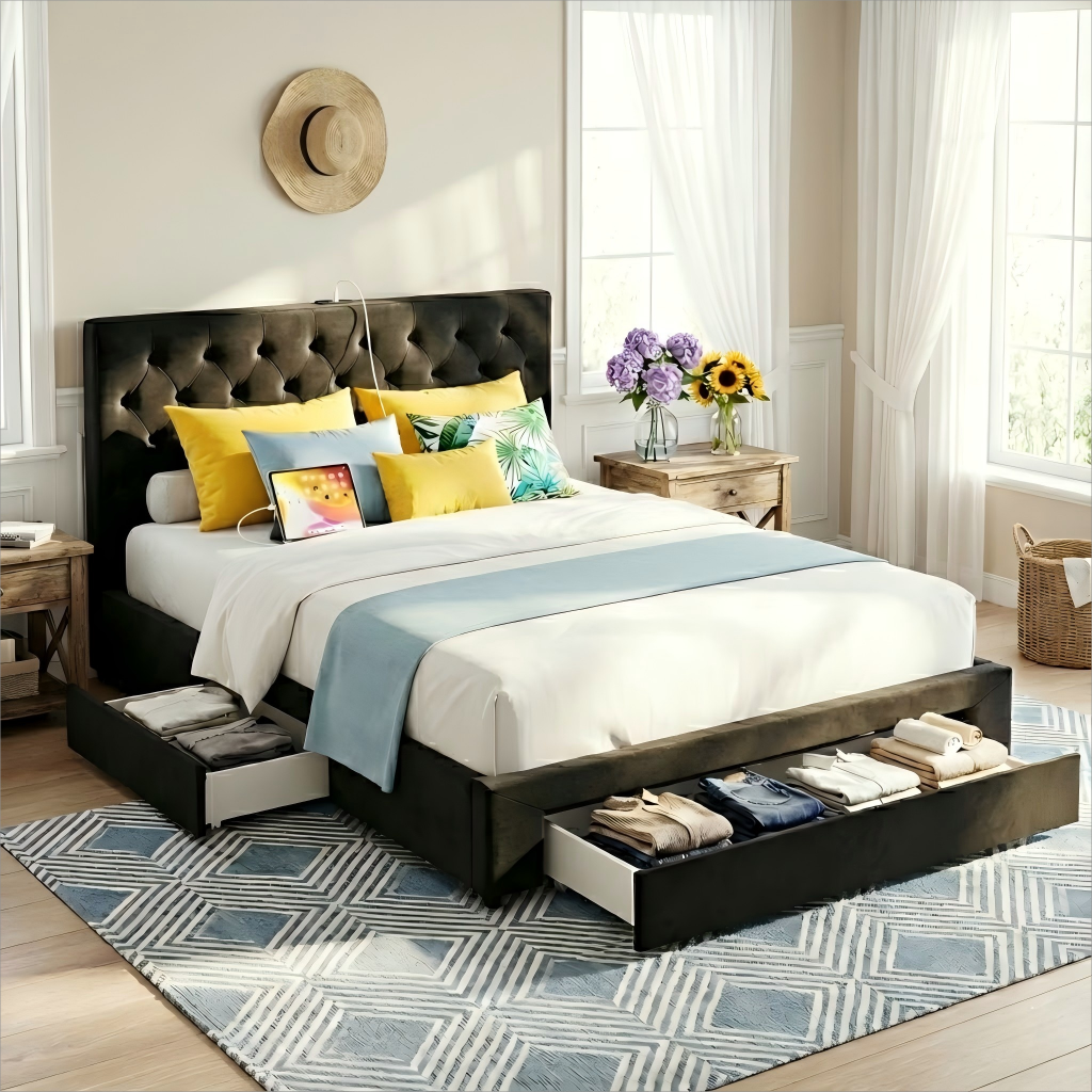 BFRAME-G-LUNA-Q-BK-ABC-202601091800-00 Artiss Queen Bed Frame Storage Charging Station Upholstered 3 Drawers USB Type-C - Image 1