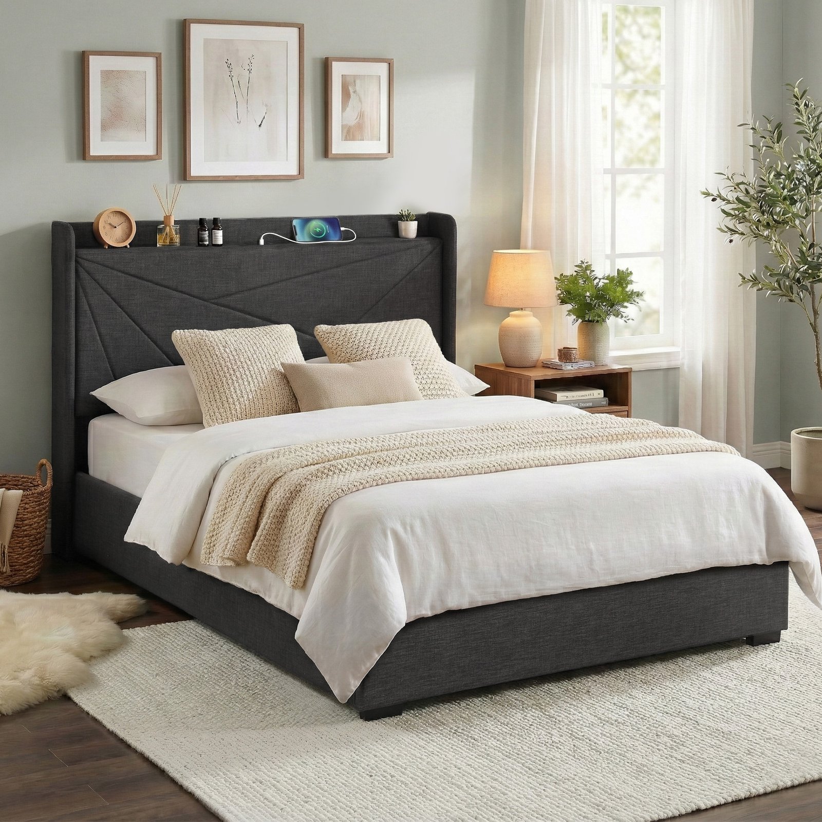 BFRAME-G-MORFEI-D-BK-ABC-202601301906-00 Artiss Double Bed Frame Gas Lift Storage Bed with Charging Ports Upholstered Geometric Headboard Charcoal Grey - Image 1