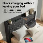 Artiss Double Bed Frame Gas Lift Storage Bed with Charging Ports Upholstered Geometric Headboard Charcoal Grey - Image 6