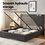 Artiss Double Bed Frame Gas Lift Storage Bed with Charging Ports Upholstered Geometric Headboard Charcoal Grey - Image 8