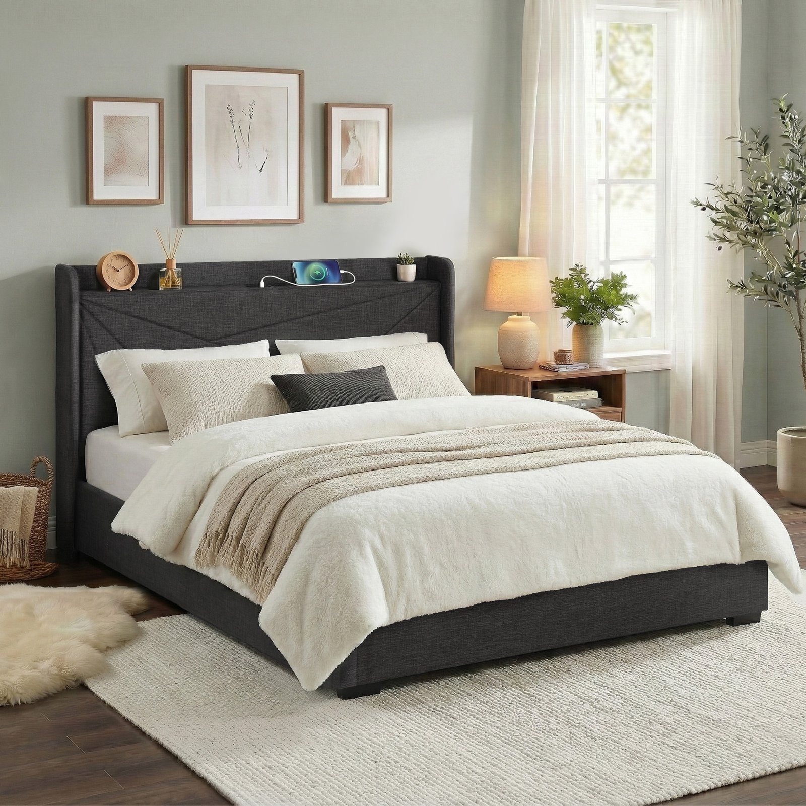 BFRAME-G-MORFEI-K-BK-ABC-202601301932-00 Artiss King Bed Frame Gas Lift Storage Bed with Charging Ports Upholstered Geometric Headboard Charcoal Grey - Image 1