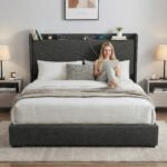 Artiss King Bed Frame Gas Lift Storage Bed with Charging Ports Upholstered Geometric Headboard Charcoal Grey - Image 10