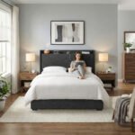 Artiss Queen Bed Frame Gas Lift Storage Bed with Charging Ports Upholstered Geometric Headboard Charcoal Grey - Image 10