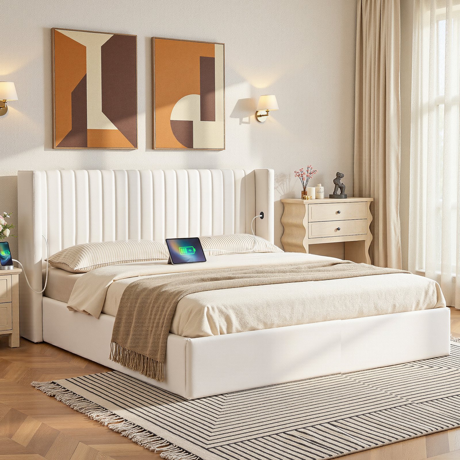 BFRAME-G-RITA-K-WH-ABC-202602101156-00 Artiss King Bed Frame with Gaslift Storage USB Type-C Charging Ports Velvet Upholstery White - Image 1