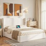 Artiss Queen Bed Frame with Gaslift Storage USB Type-C Charging Ports Velvet Upholstery White