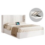 Artiss Queen Bed Frame with Gaslift Storage USB Type-C Charging Ports Velvet Upholstery White - Image 10