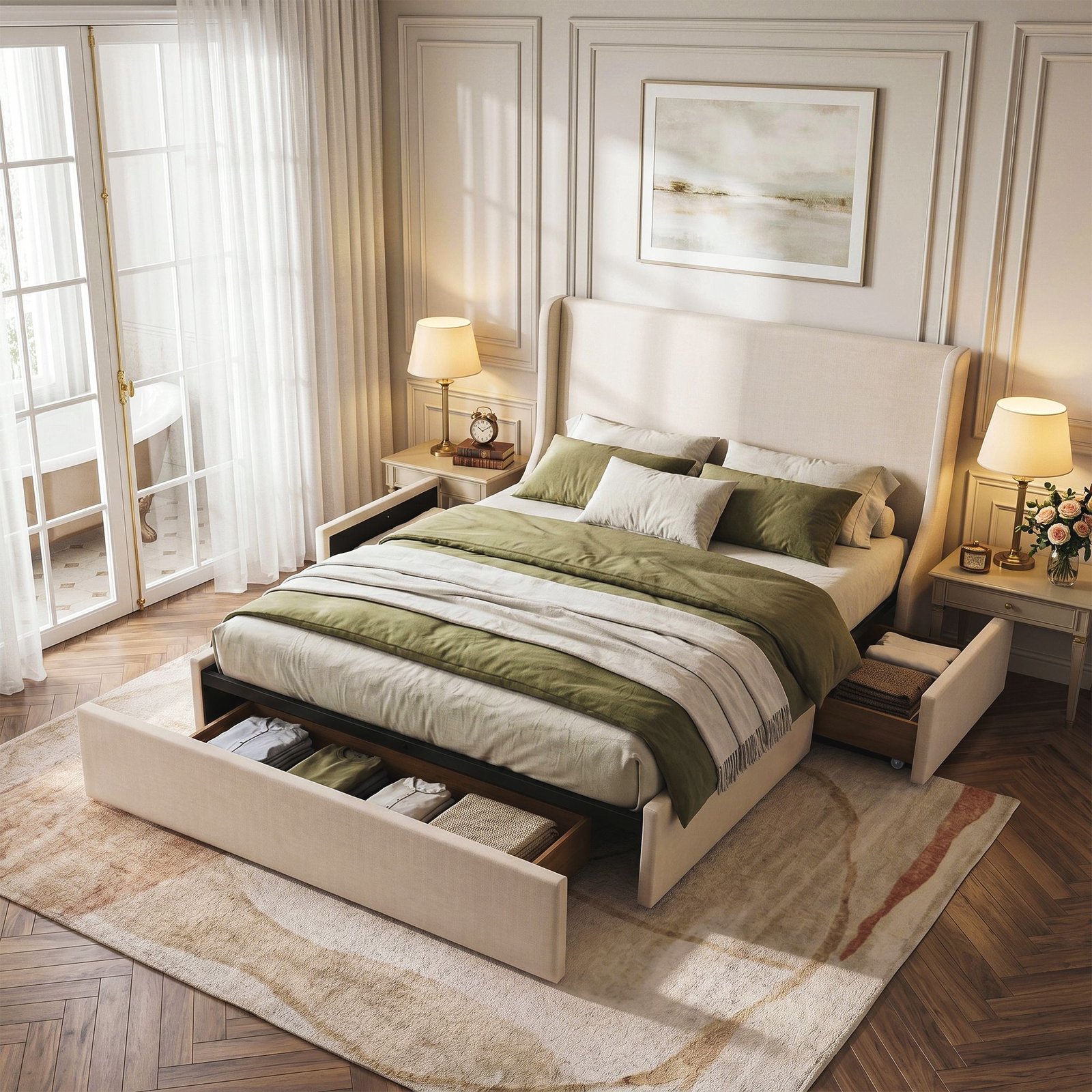 BFRAME-G-SEAN-Q-BG-ABCD-00 Artiss Queen Upholstered Bed Frame with 3 Storage Drawers Wingback Headboard Heavy Duty Metal Platform Base - Image 1