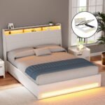 Artiss Bed Frame Gas Lift LED Beds Base Platform White PVC Leather Storage Headboard - Double - Image 7