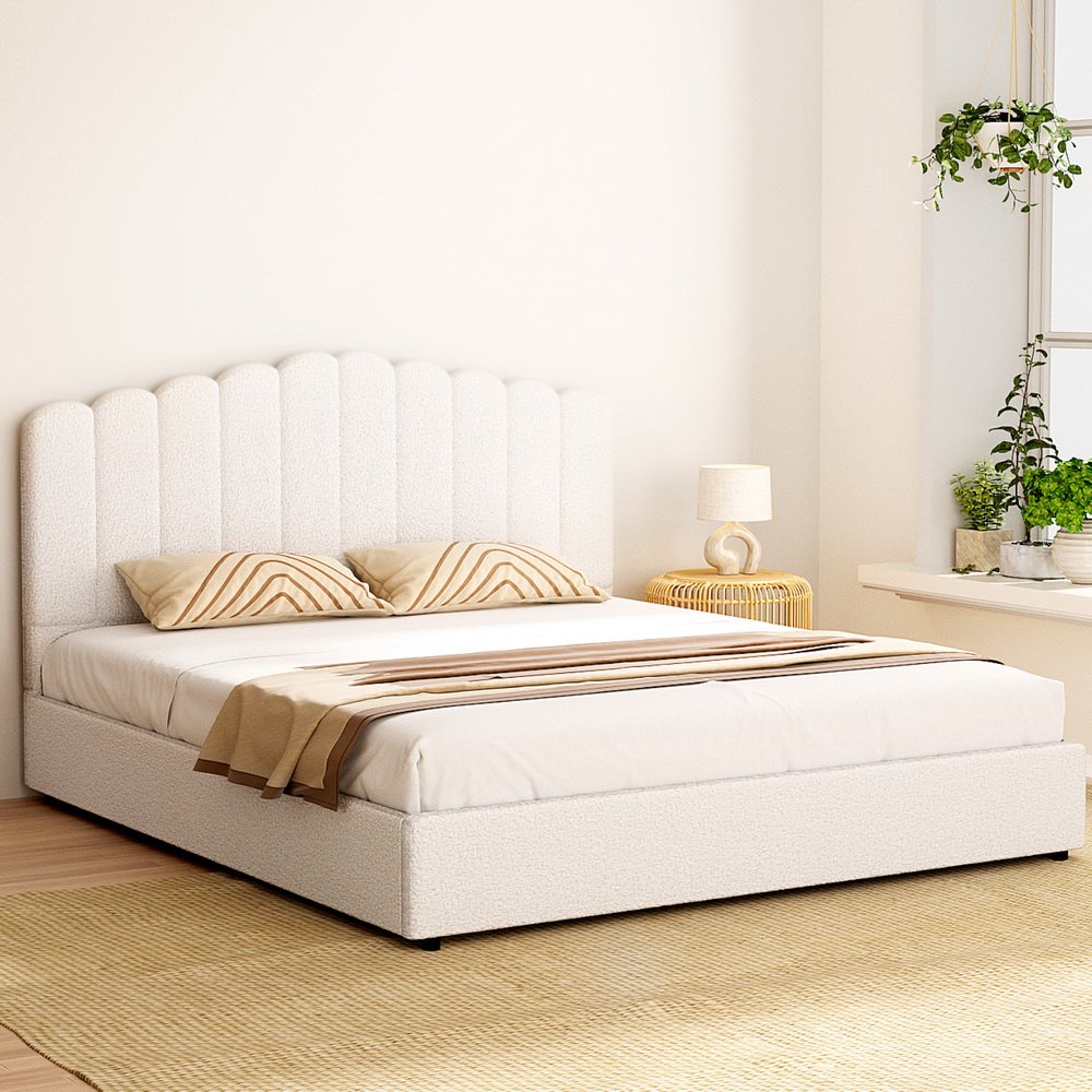 BFRAME-H-FION-K-WH-ABC-190314-04 Artiss Bed Frame King Size Boucle FION - Image 1