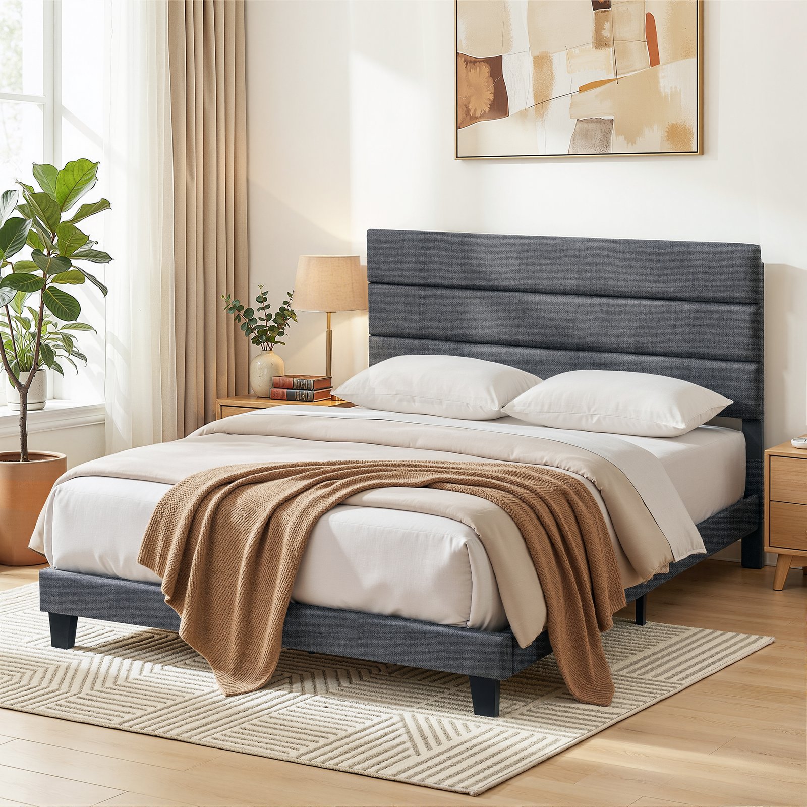 BFRAME-H-HUSH-D-CA-AB-202601261122-00 Artiss Double Bed Frame Upholstered Platform Base with Geometric Headboard Charcoal Grey Linen Wood Slats for Modern Bedroom Furniture Home Decor - Image 1