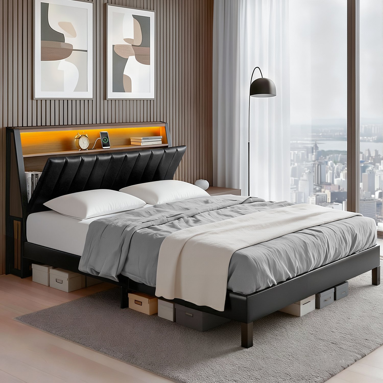 BFRAME-H-JINA-Q-BK-ABC-202510281310-06 Artiss Queen Bed Frame LED Storage Headboard with Charging Station Black - Image 1