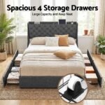 Artiss Double Bed Frame with 4 Storage Drawers and Charging Station Tufted Wingback Headboard 300kg Loads Charcoal Grey - Image 4