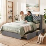 Artiss Double Bed Frame with 4 Storage Drawers and Charging Station Tufted Wingback Headboard 300kg Loads Charcoal Grey - Image 9