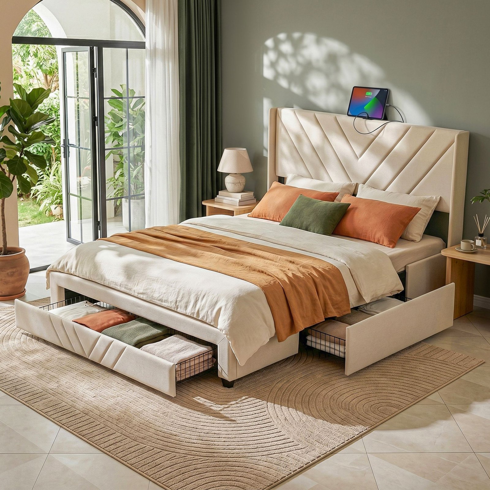 BFRAME-L-SOME-Q-BG-AB-00 Artiss Queen Bed Frame with Charging Station and Storage Drawers Beige 300KG Noise Free - Image 1