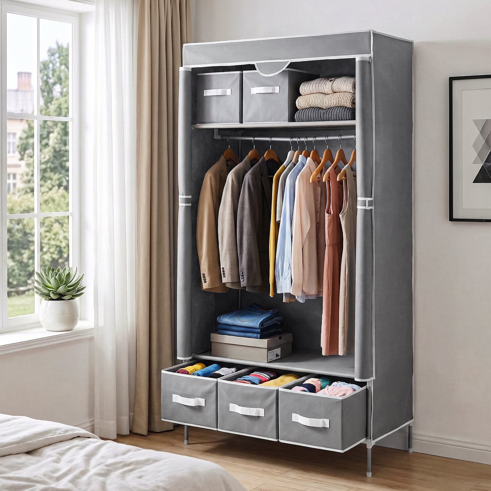 DIY-WR03-170-GY-202603101936-00 Artiss Large Portable Clothes Closet Wardrobe with Tiebacks Grey - Image 1