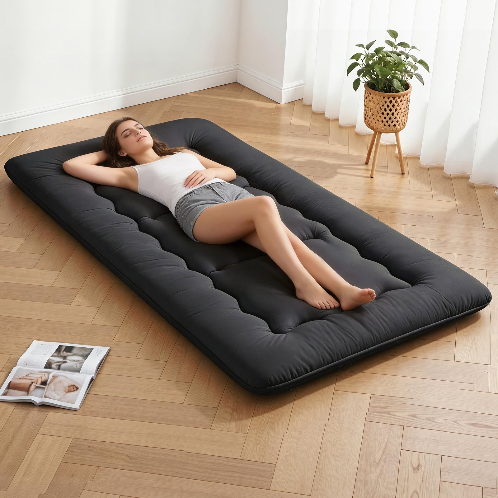 FM-FUTON-100-10-BK-202603171834-00 Giselle Bedding 10cm Japanese Floor Mattress Foldable Futon Mattress Washable Cover Straps - Image 1