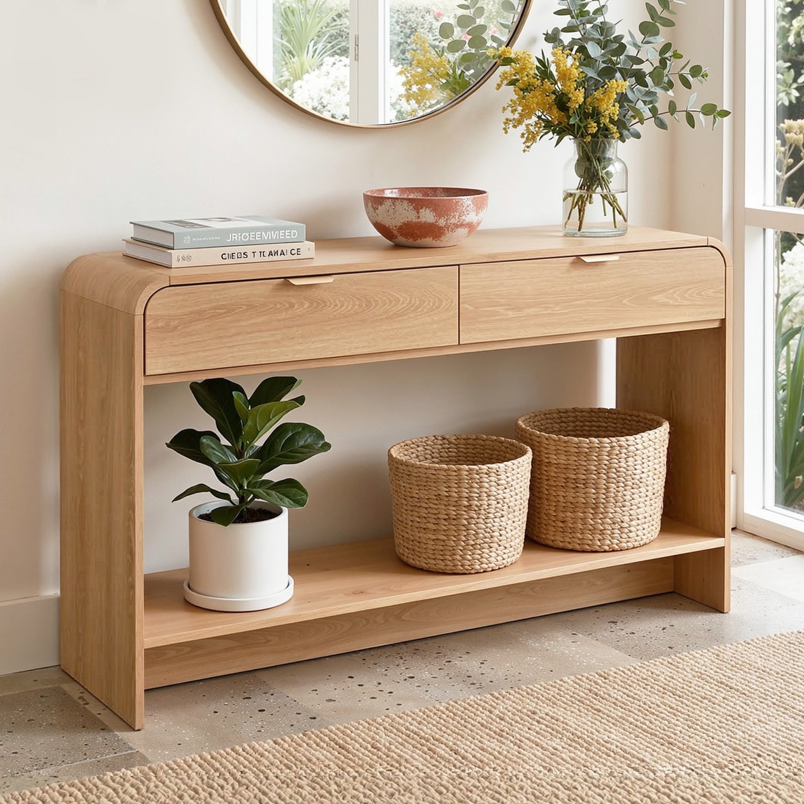 FUR-Z-CST-03-WD-202603231624-00 Artiss Console Table Hallway Entryway Storage Drawer Shelf Curved Edge 120CM Pine - Image 1