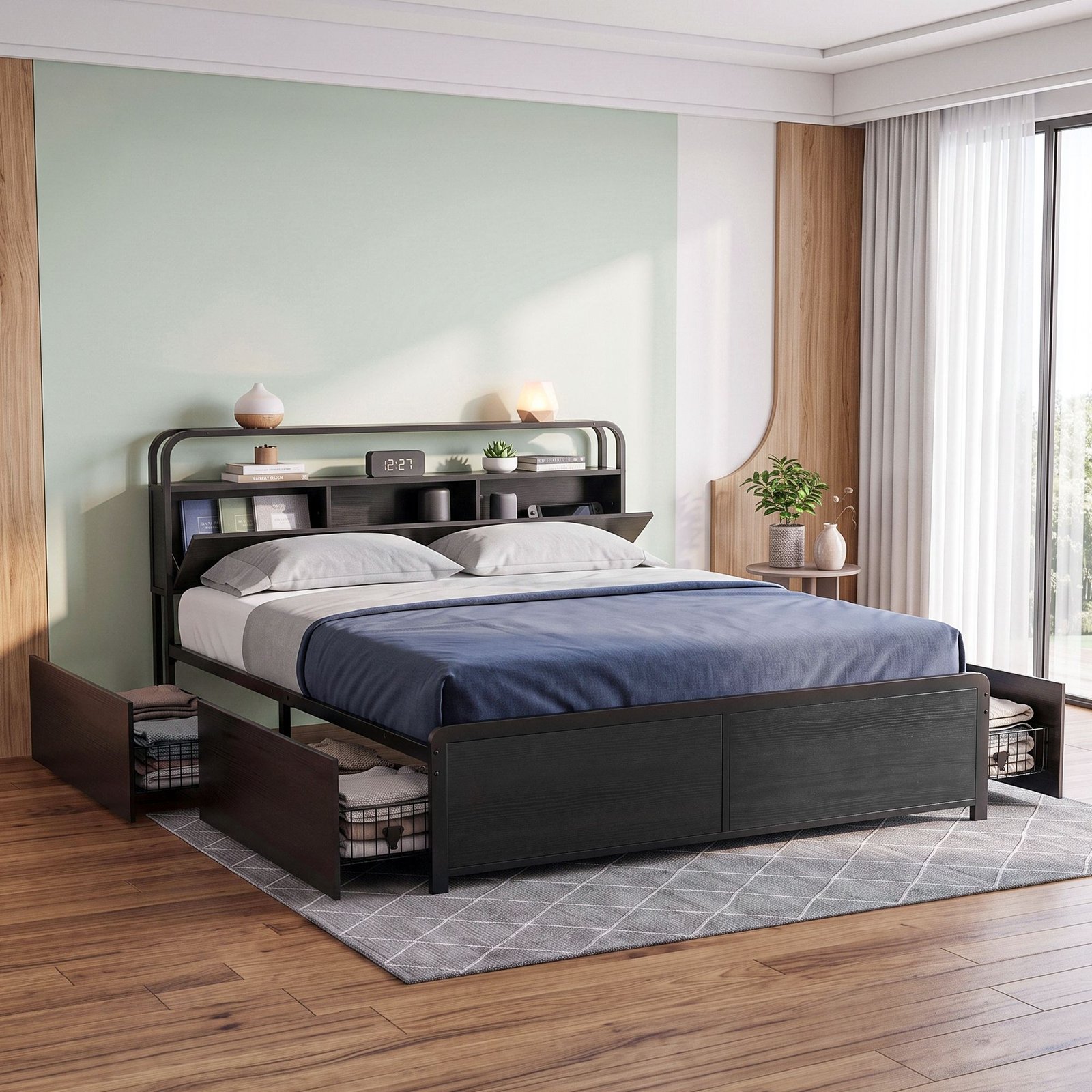 MBED-D-HEDY-K-BK-ABC-00 Artiss King Metal Bed Frame 4 Drawers Hidden Storage Headboard HEDY - Image 1