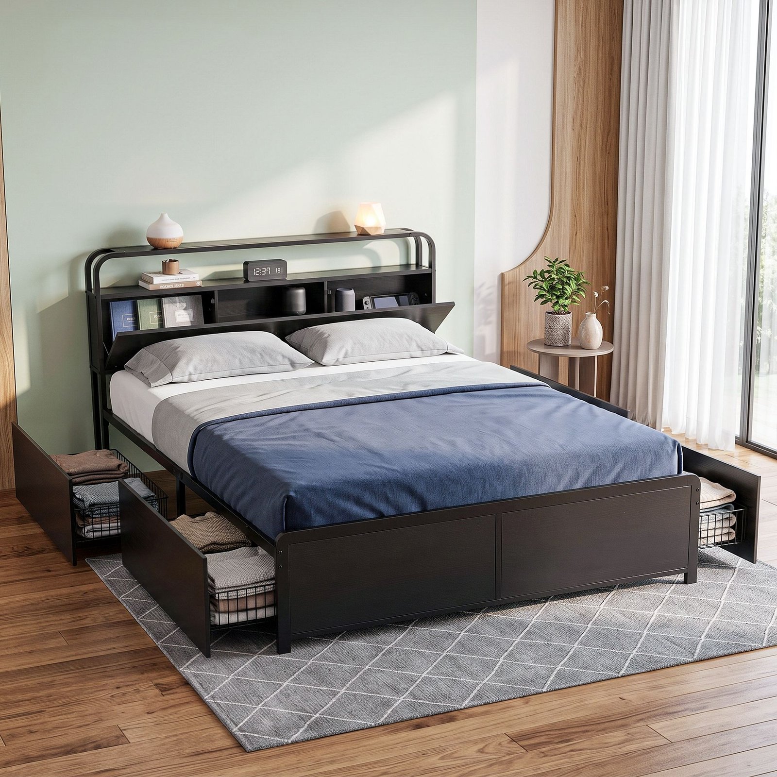 MBED-D-HEDY-Q-BK-ABC-00 Artiss Queen Metal Bed Frame 4 Drawers Hidden Storage Headboard HEDY - Image 1