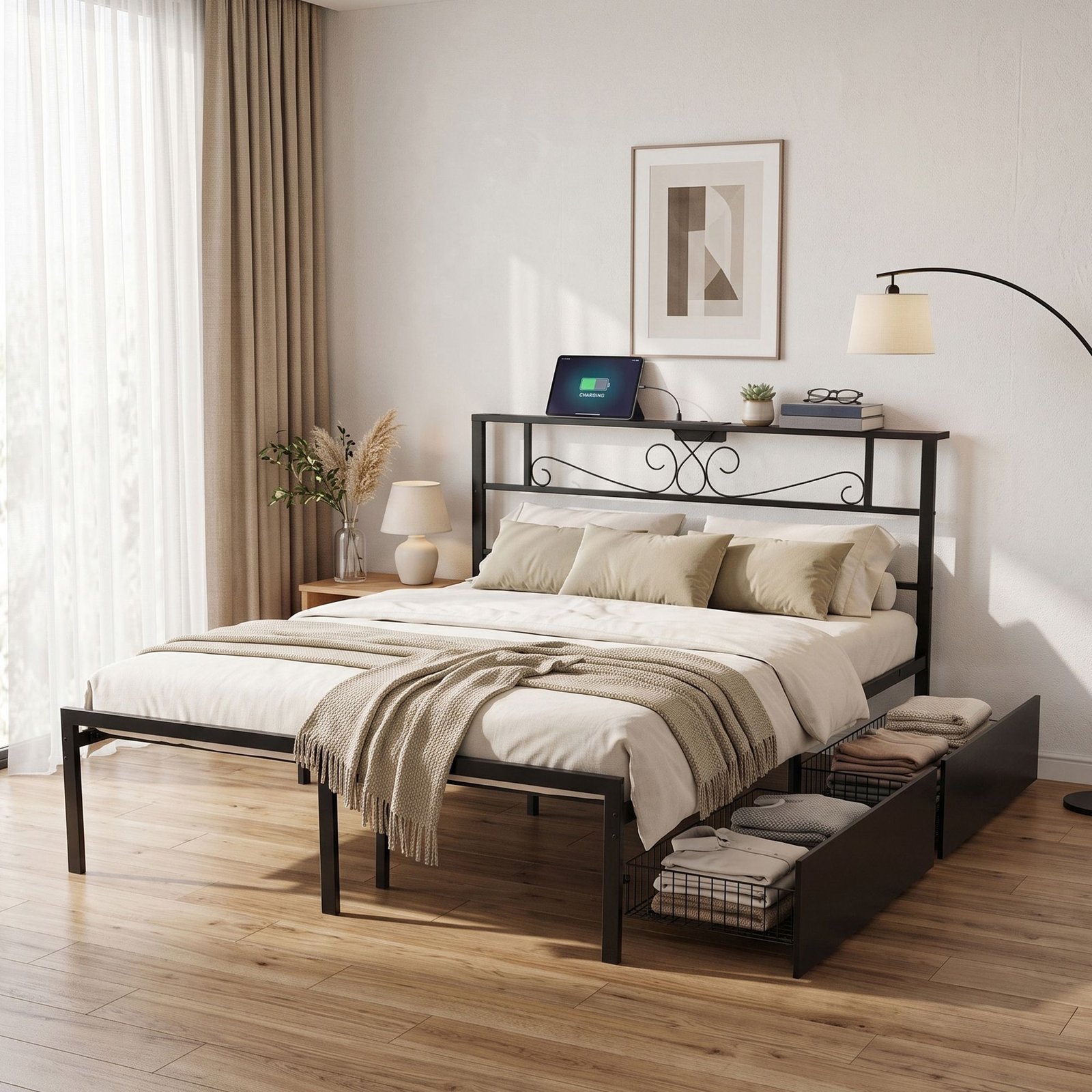 MBED-D-MAX-Q-BK-AB-00 Artiss Queen Bed Frame with Charging Station & Storage Drawers Metal - Image 1