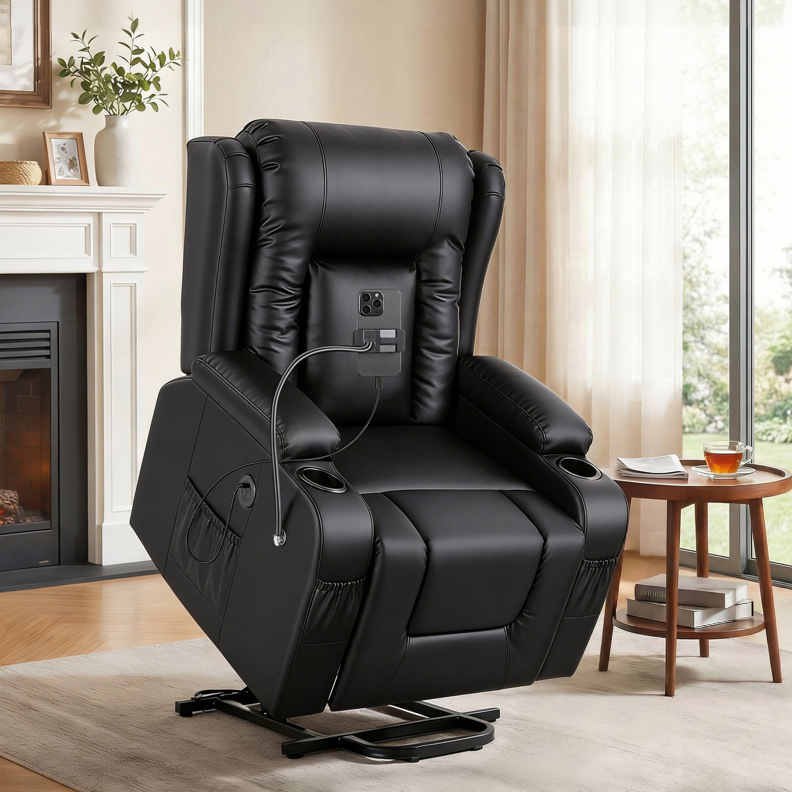 RECLINER-A5-UB-PU-BK-AB-202603101936-00-1 Artiss Power Lift Recliner Chair with Massage and Heat for Elderly, Electric Sofa Reclining Chair with USB and Phone Holder, PU Leather Comfy Armchair for Living Room, 2 Cup Holder & 4 Pockets, Black - Image 1